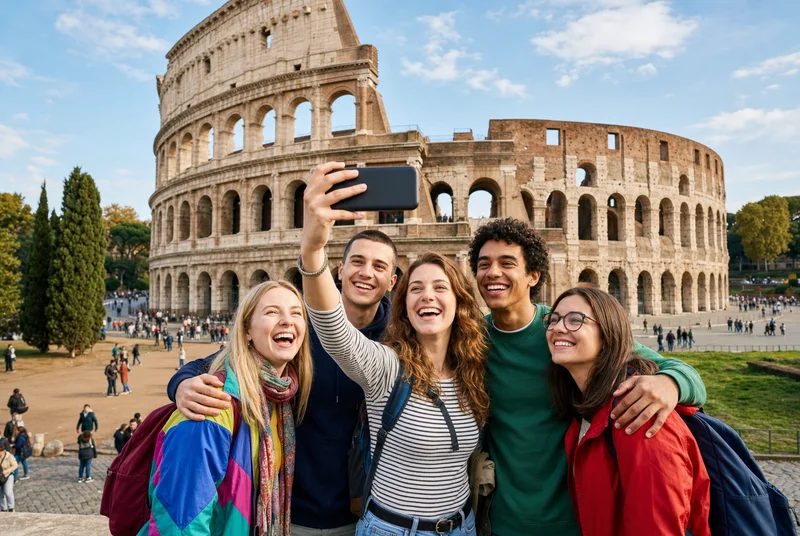 Estudiantes viajando y conociendo el Coliseo